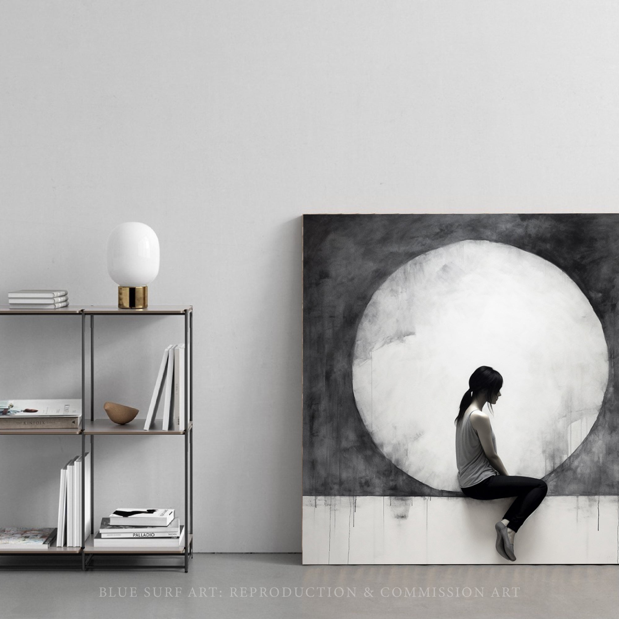 Urban Minimalism Wall Art Woman Sitting Moon Art Monumental Light Canvas Hyperrealistic Murals Dark White Gray Home Decor Gift Art. Blue Surf Art