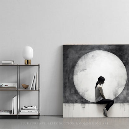 Urban Minimalism Wall Art Woman Sitting Moon Art Monumental Light Canvas Hyperrealistic Murals Dark White Gray Home Decor Gift Art. Blue Surf Art