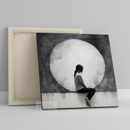 Urban Minimalism Wall Art Woman Sitting Moon Art Monumental Light Canvas Hyperrealistic Murals Dark White Gray Home Decor Gift Art. Blue Surf Art