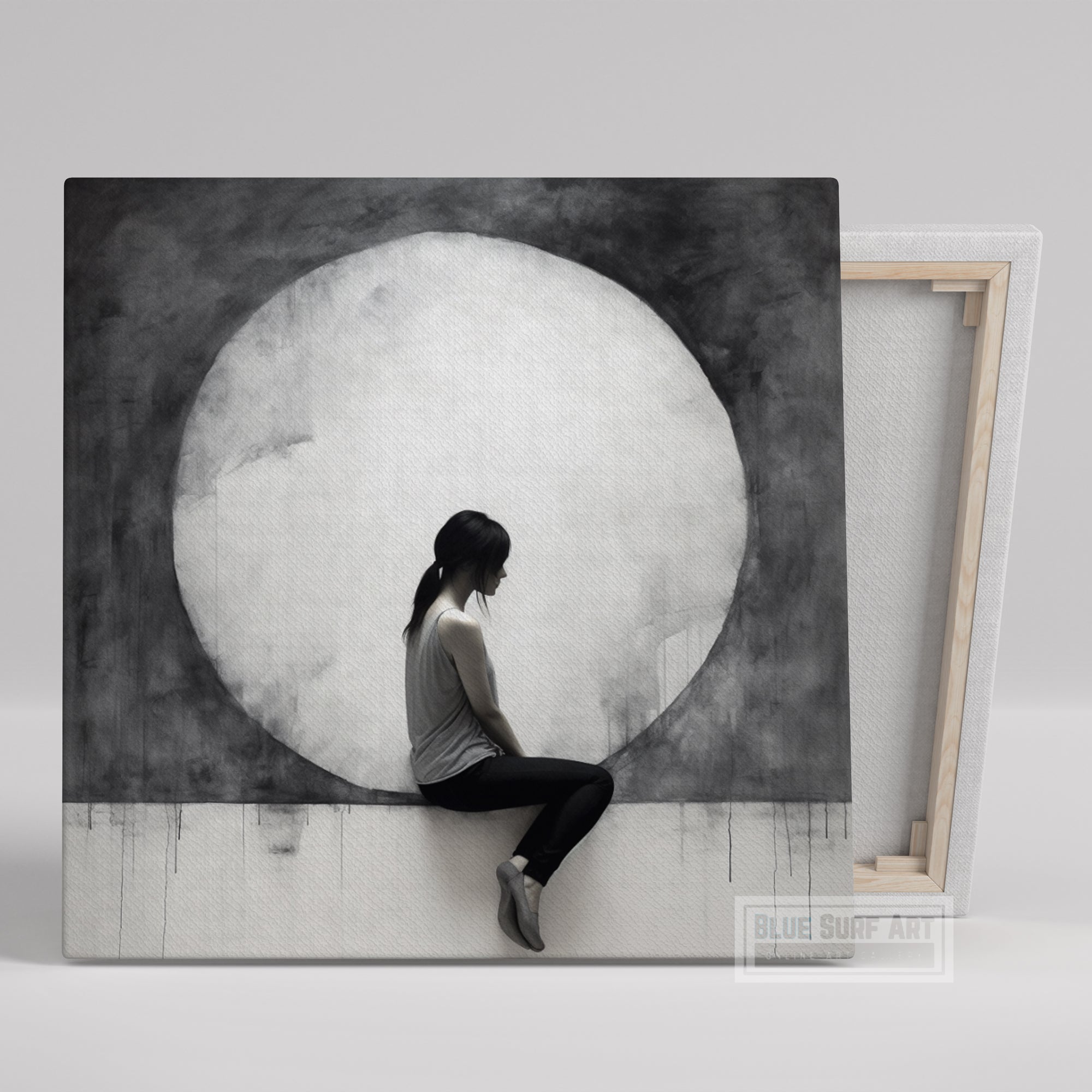 Urban Minimalism Wall Art Woman Sitting Moon Art Monumental Light Canvas Hyperrealistic Murals Dark White Gray Home Decor Gift Art. Blue Surf Art