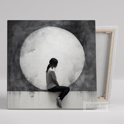 Urban Minimalism Wall Art Woman Sitting Moon Art Monumental Light Canvas Hyperrealistic Murals Dark White Gray Home Decor Gift Art. Blue Surf Art