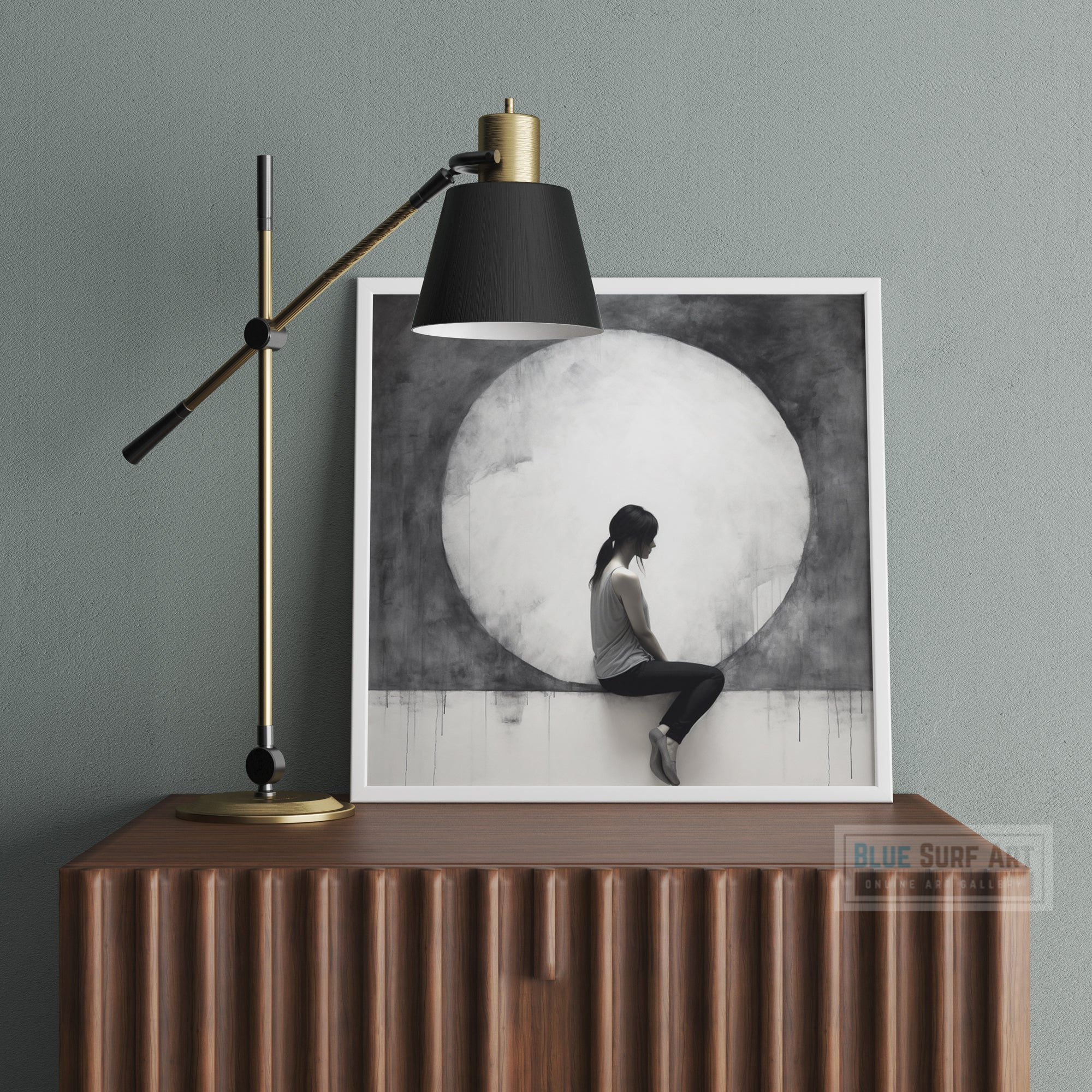 Urban Minimalism Wall Art Woman Sitting Moon Art Monumental Light Canvas Hyperrealistic Murals Dark White Gray Home Decor Gift Art. Blue Surf Art