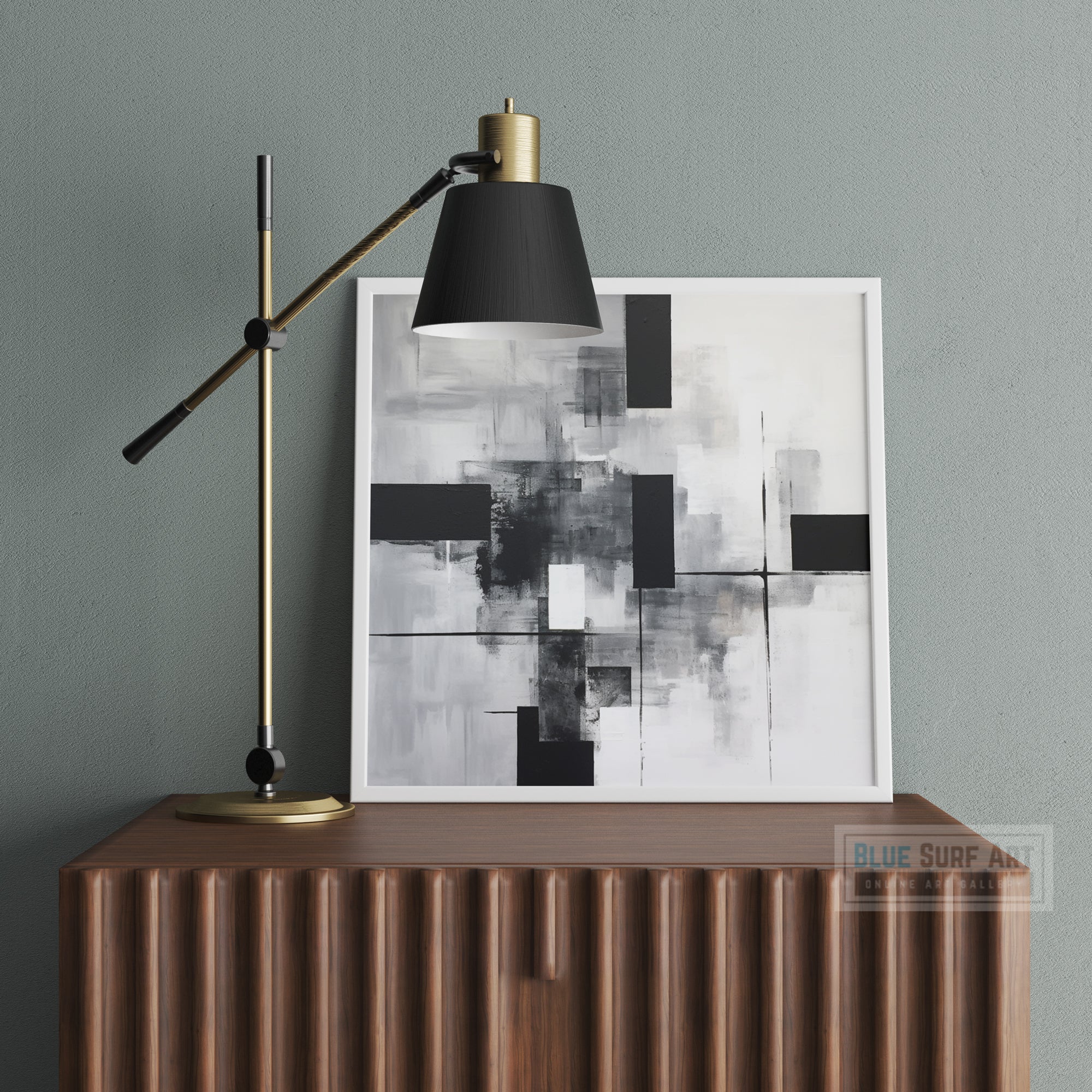 Abstract Painting Black and White Squares Triangles Art Monochromatic Simplicity Art Overlapping Minimalist Art Brushstroke Abstract Canvas. Blue Surf Art. 4
