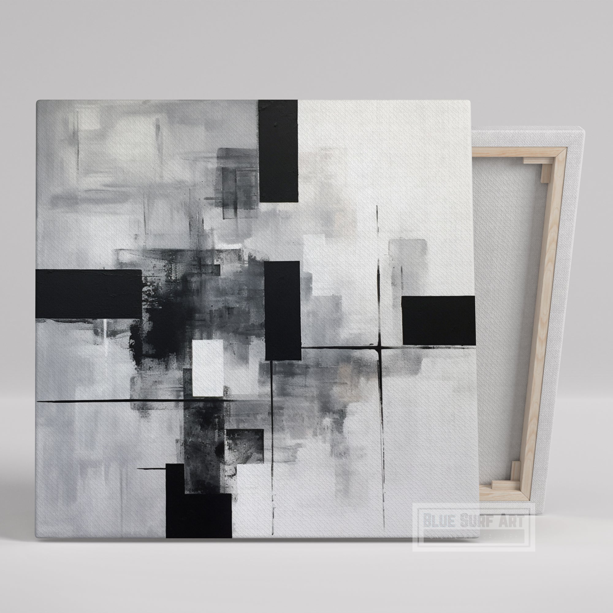Abstract Painting Black and White Squares Triangles Art Monochromatic Simplicity Art Overlapping Minimalist Art Brushstroke Abstract Canvas. Blue Surf Art. 1