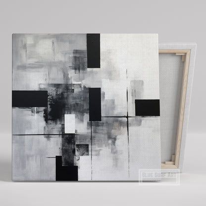 Abstract Painting Black and White Squares Triangles Art Monochromatic Simplicity Art Overlapping Minimalist Art Brushstroke Abstract Canvas. Blue Surf Art. 1