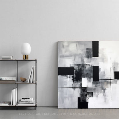 Abstract Painting Black and White Squares Triangles Art Monochromatic Simplicity Art Overlapping Minimalist Art Brushstroke Abstract Canvas. Blue Surf Art. 3