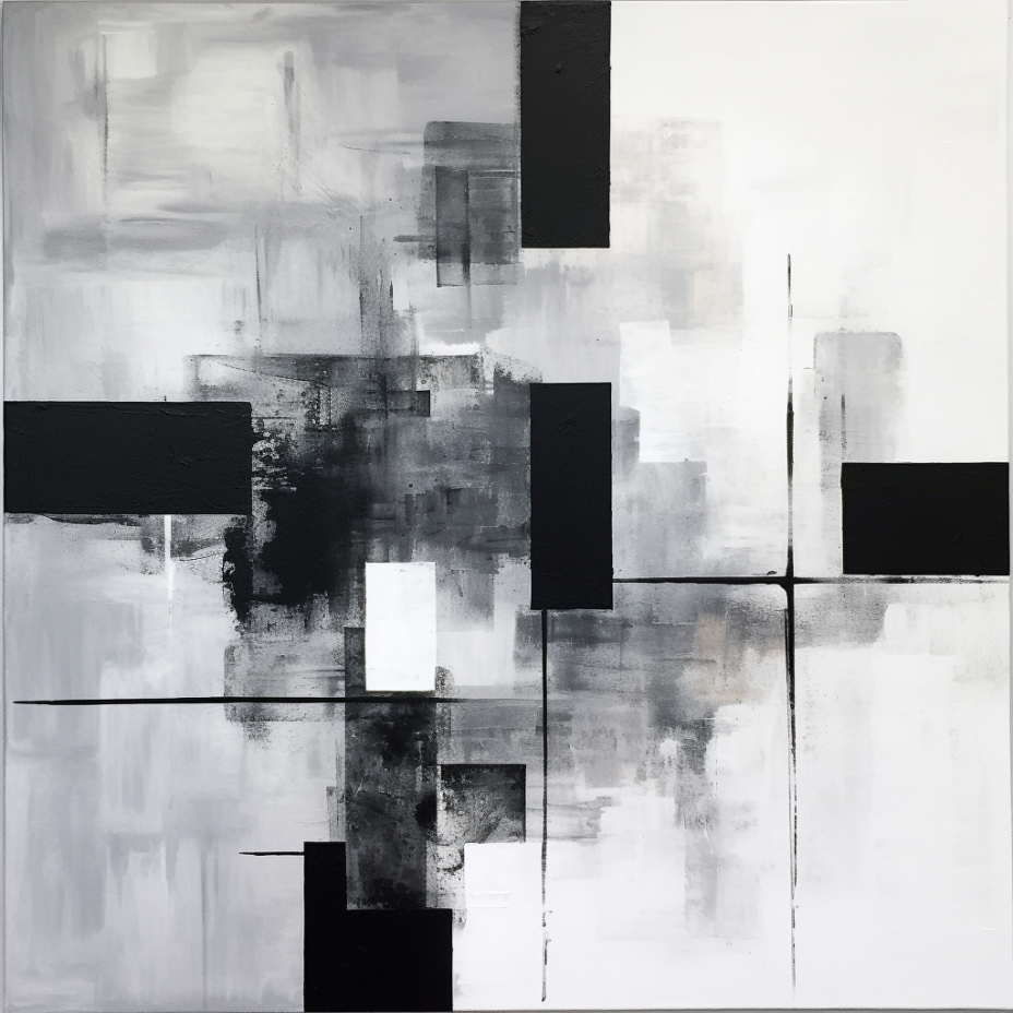 Abstract Painting Black and White Squares Triangles Art Monochromatic Simplicity Art Overlapping Minimalist Art Brushstroke Abstract Canvas. Blue Surf Art