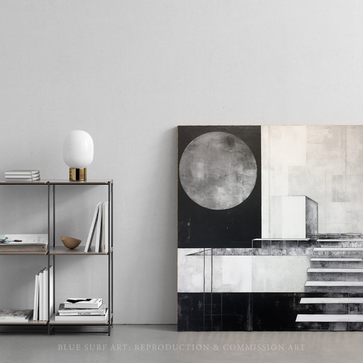 Urban Abstract Painting Large Moon Monochrome Geometry Style Realism Industrial Multilayered Modern Abstract Stairs Canvas Home Decor Art. Blue Surf Art .com -3