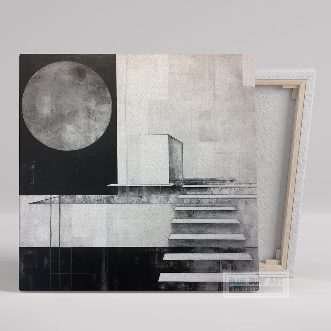 Urban Abstract Painting Large Moon Monochrome Geometry Style Realism Industrial Multilayered Modern Abstract Stairs Canvas Home Decor Art. Blue Surf Art .com -1