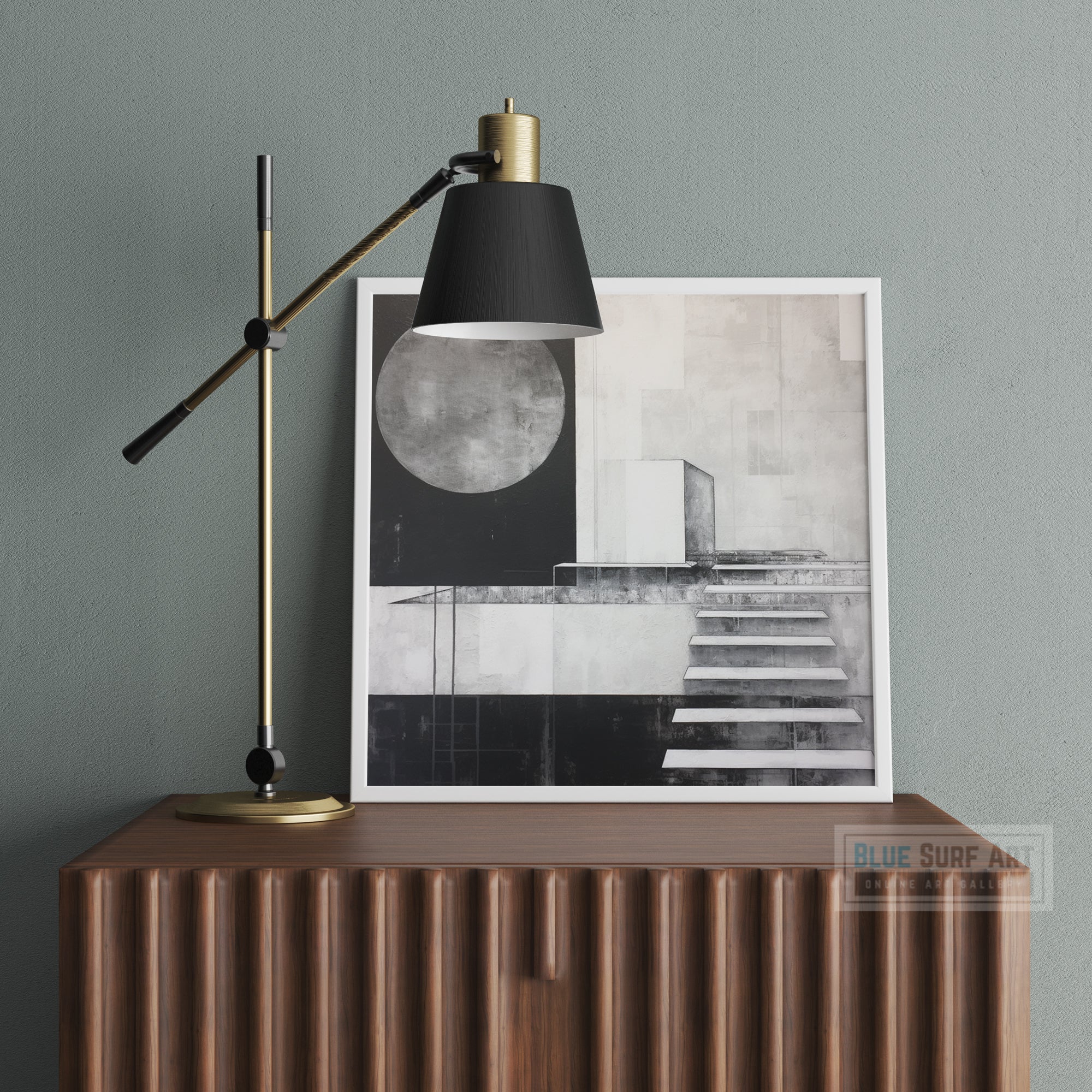 Urban Abstract Painting Large Moon Monochrome Geometry Style Realism Industrial Multilayered Modern Abstract Stairs Canvas Home Decor Art. Blue Surf Art .com -4