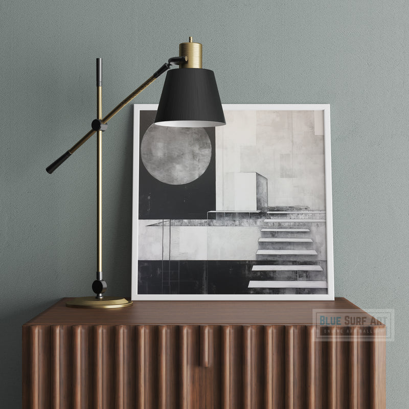 Urban Abstract Painting Large Moon Monochrome Geometry Style Realism Industrial Multilayered Modern Abstract Stairs Canvas Home Decor Art. Blue Surf Art .com -4