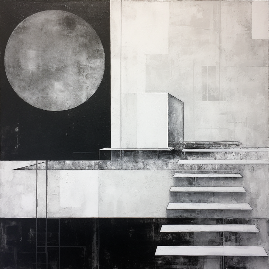 Urban Abstract Painting Large Moon Monochrome Geometry Style Realism Industrial Multilayered Modern Abstract Stairs Canvas Home Decor Art. Blue Surf Art .com 