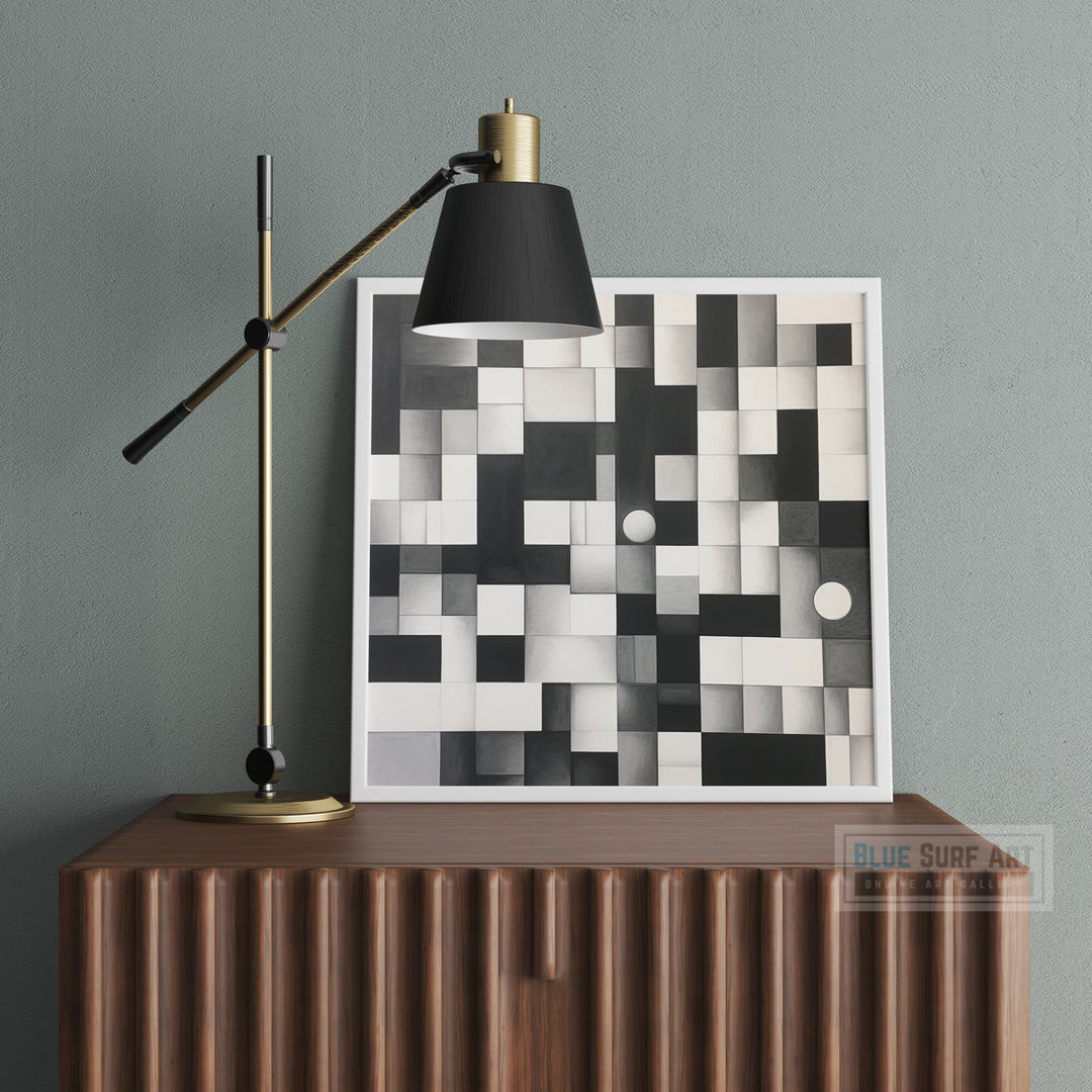 Abstract Composition Art Squares Black and White Pixelated Realism Style, Overlapping Shapes Interactive artwork Home Modern Art Decor. Blue Surf Art .com -4