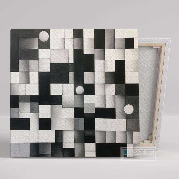 Abstract Composition Art Squares Black and White Pixelated Realism Style, Overlapping Shapes Interactive artwork Home Modern Art Decor. Blue Surf Art .com -1
