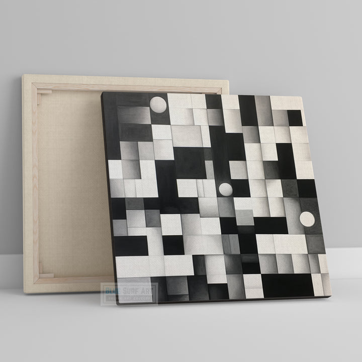 Abstract Composition Art Squares Black and White Pixelated Realism Style, Overlapping Shapes Interactive artwork Home Modern Art Decor. Blue Surf Art .com -2