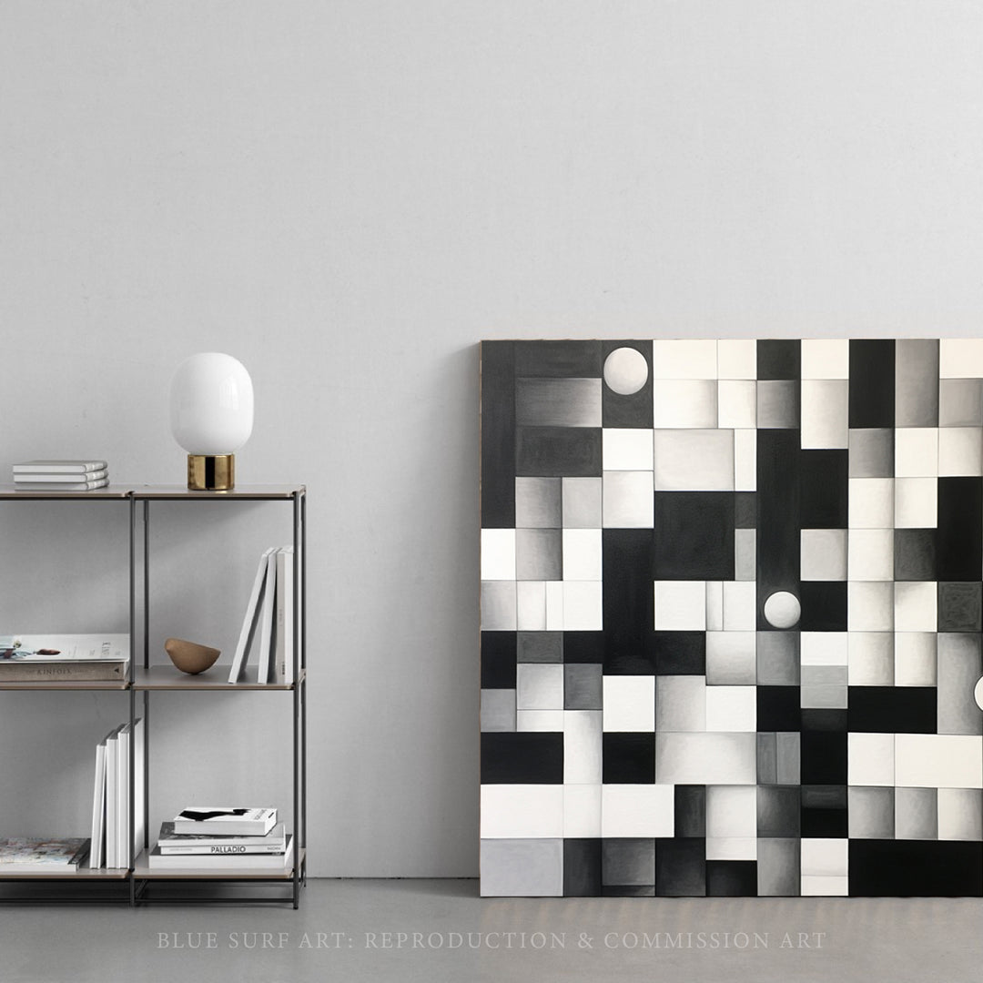 Abstract Composition Art Squares Black and White Pixelated Realism Style, Overlapping Shapes Interactive artwork Home Modern Art Decor. Blue Surf Art .com -3