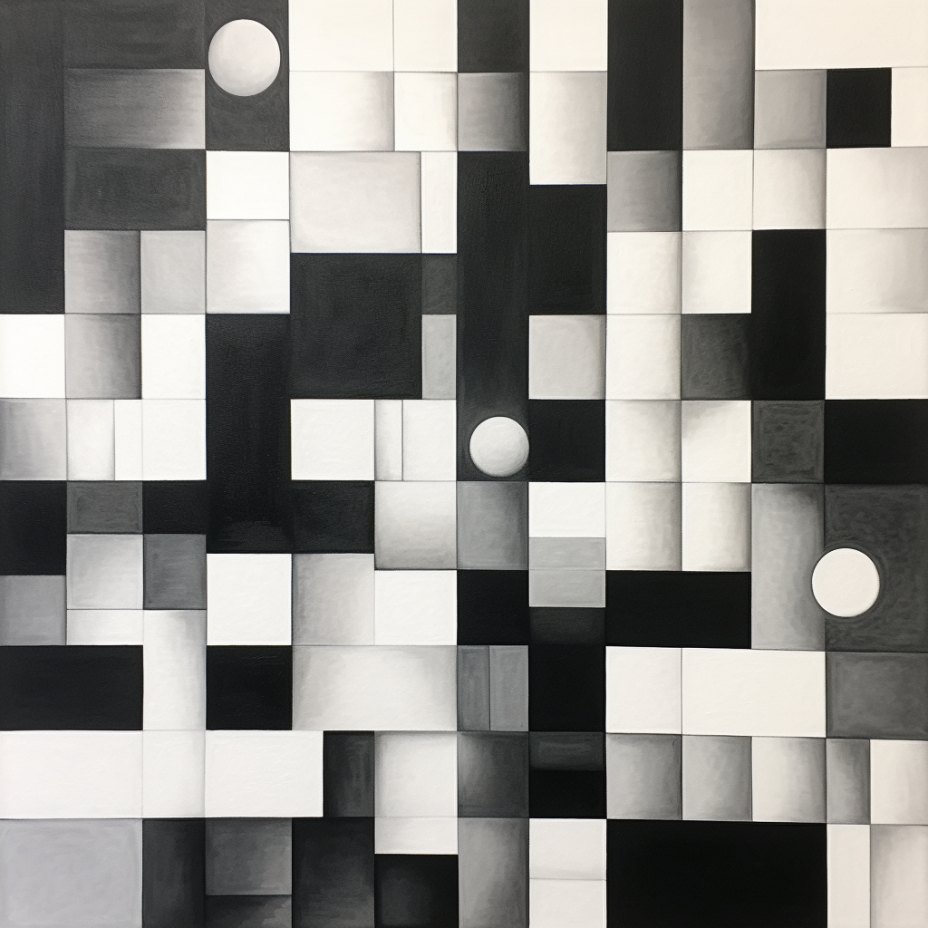 Abstract Composition Art Squares Black and White Pixelated Realism Style, Overlapping Shapes Interactive artwork Home Modern Art Decor. Blue Surf Art .com