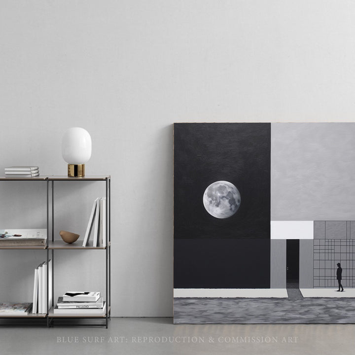Abstract Painting Building with a Moon Minimalist Wall Art Gray and Black Optical Illusion Inspired Housewarming Gift Home Decor Wall Art. Blue Surf Art .com - 3