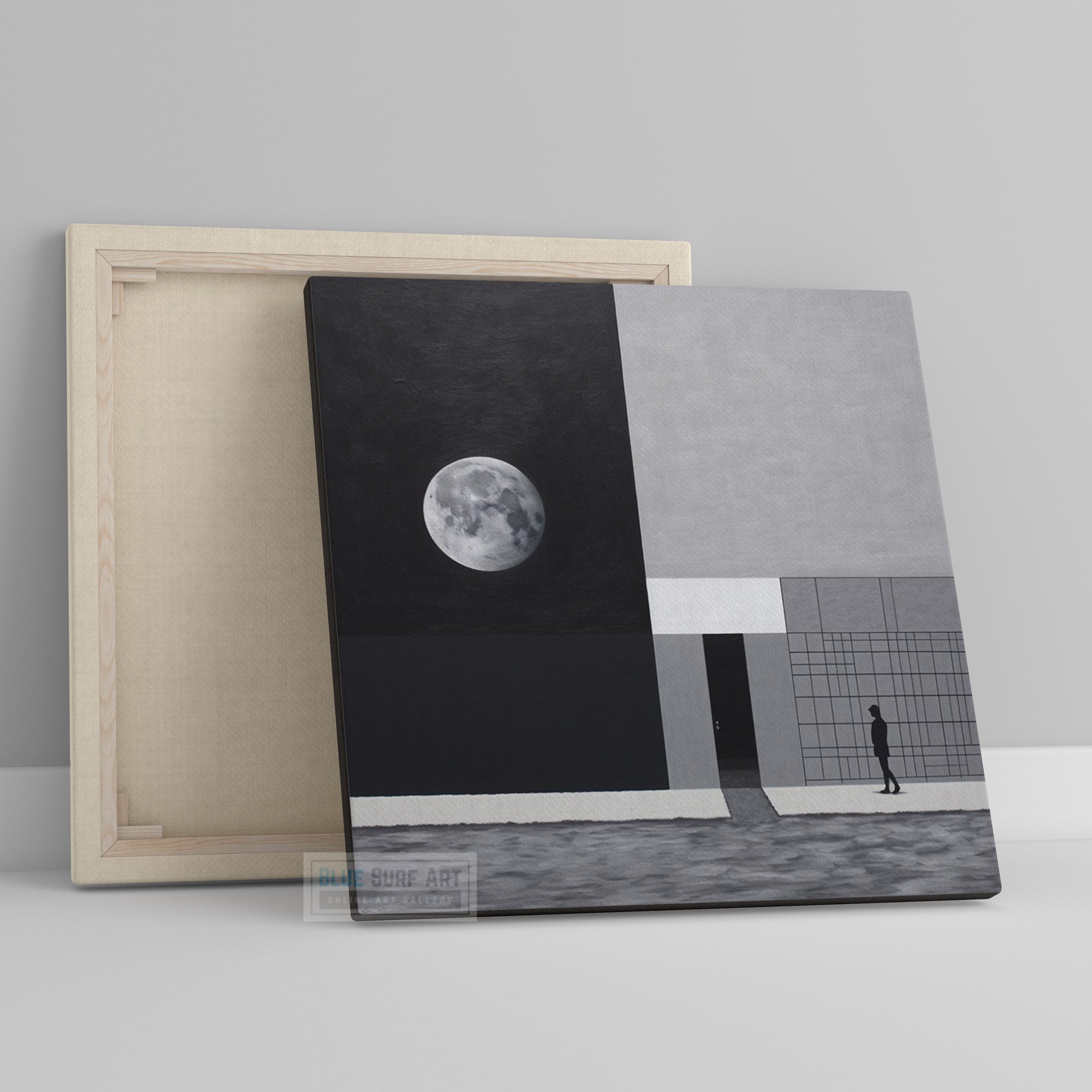 Abstract Painting Building with a Moon Minimalist Wall Art Gray and Black Optical Illusion Inspired Housewarming Gift Home Decor Wall Art. Blue Surf Art .com - 2
