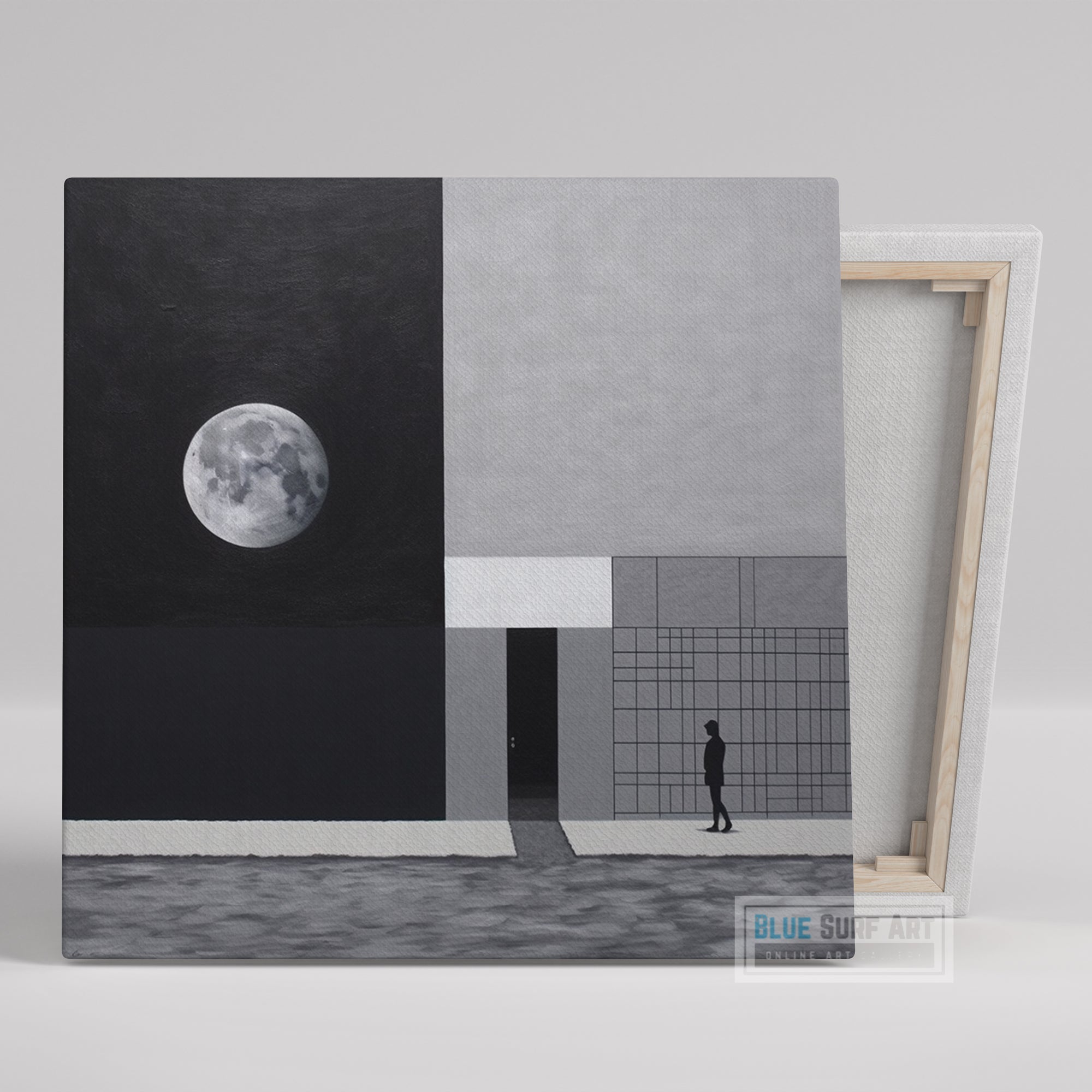 Abstract Painting Building with a Moon Minimalist Wall Art Gray and Black Optical Illusion Inspired Housewarming Gift Home Decor Wall Art. Blue Surf Art .com - 1