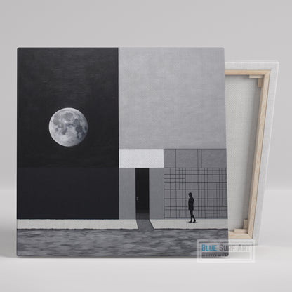 Abstract Painting Building with a Moon Minimalist Wall Art Gray and Black Optical Illusion Inspired Housewarming Gift Home Decor Wall Art. Blue Surf Art .com - 1