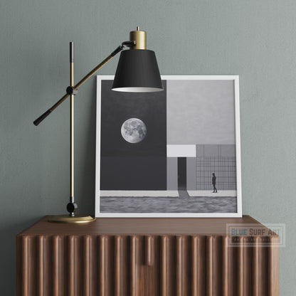 Abstract Painting Building with a Moon Minimalist Wall Art Gray and Black Optical Illusion Inspired Housewarming Gift Home Decor Wall Art. Blue Surf Art .com - 4