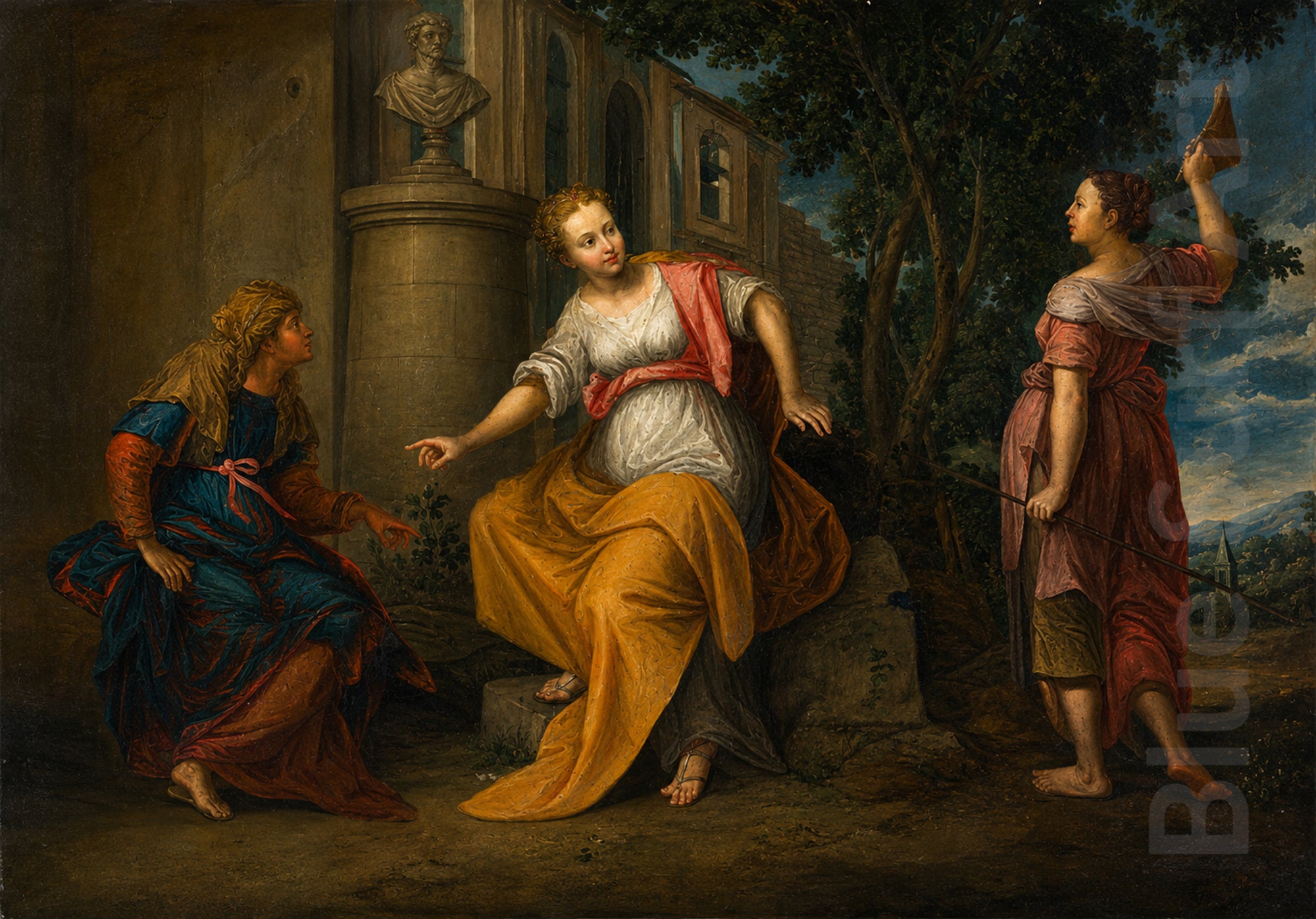 Noemi at the Crossroads (1620) by Adam van Noort – Hand-Painted Oil Painting Reproduction. Three classical figures in a classical setting with architectural elements and trees.