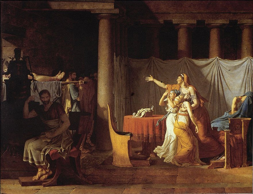 Museum-quality oil reproduction of Brutus and the Bodies of His Sons by Jacques-Louis David (1789). Hand-painted, photo preview, worldwide shipping.