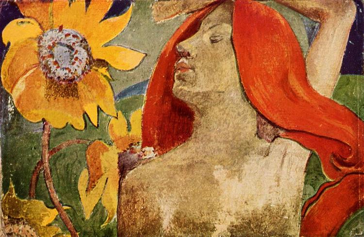 Redheaded woman and sunflowers Painting by Paul Gauguin Reproduction