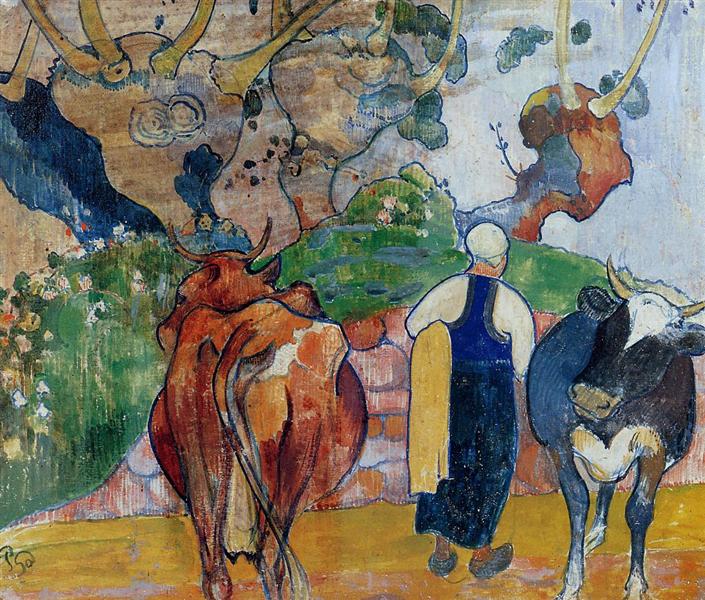 Peasant Woman and Cows in a Landscape Painting by Paul Gauguin Reproduction
