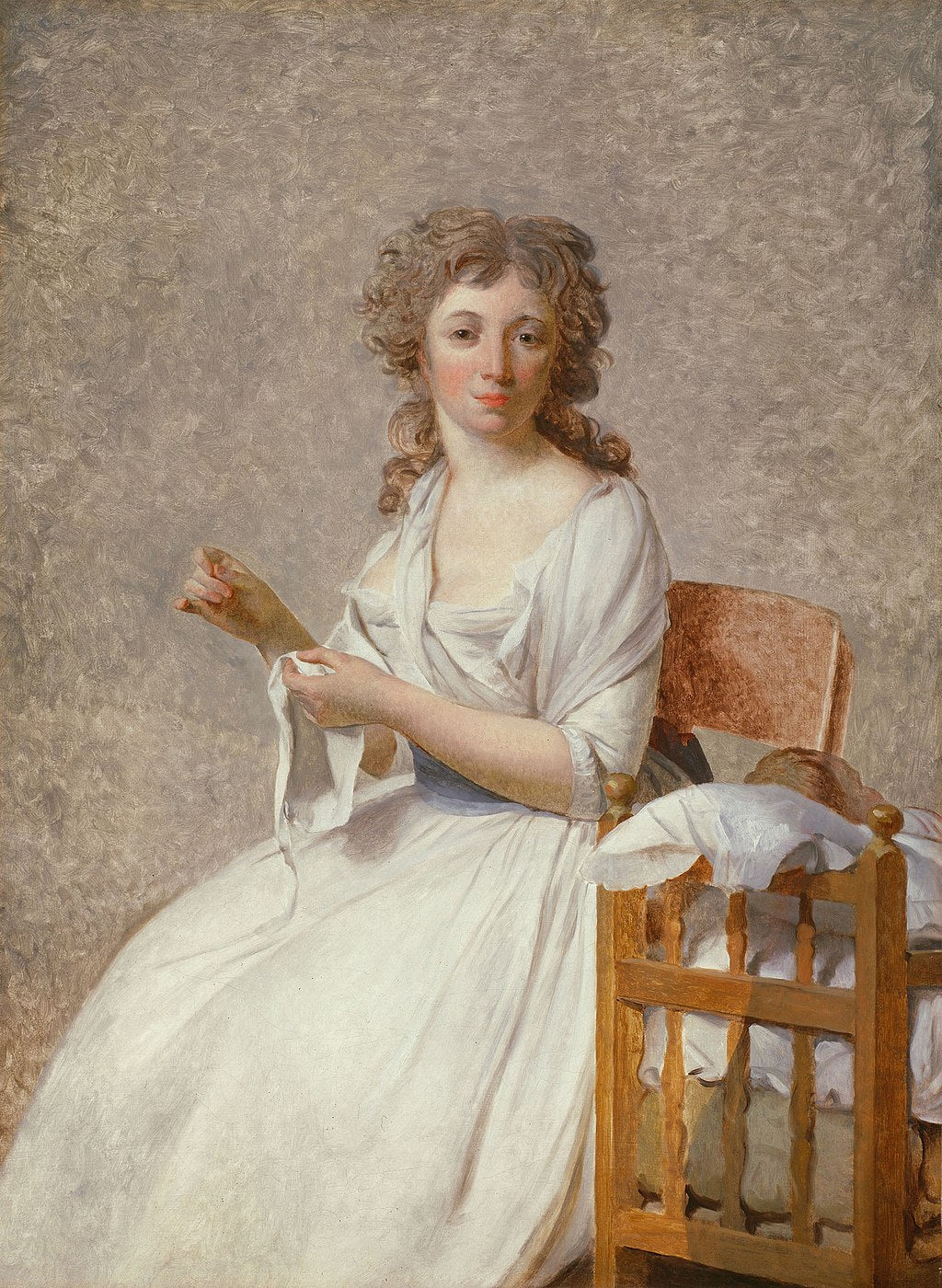 Own a serene hand-painted oil reproduction of Madame Pastoret by Jacques-Louis David. Museum-quality canvas. Available stretched or rolled. Portrait of a woman in a white dress sitting next to a wooden chair against a plain background