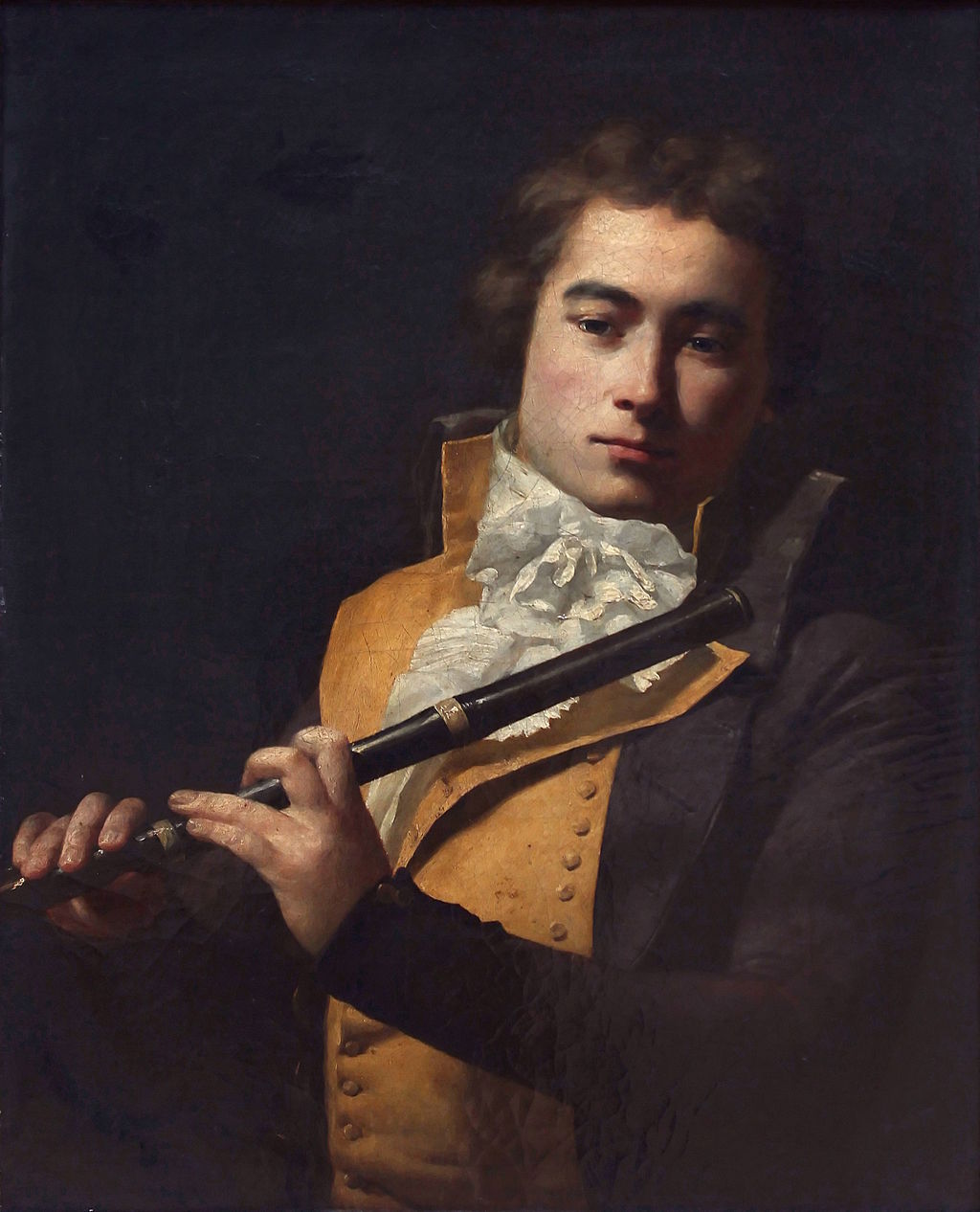 Oil painting of François Devienne by David. 5 sizes. Museum-quality hand-painted reproduction with global shipping included. Portrait of a man playing a flute against a dark background