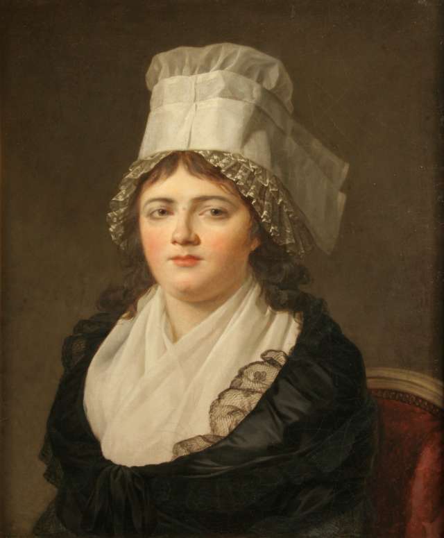 Oil painting of Antoinette Gabrielle Danton by David. 5 size options. Hand-painted oil reproduction with international shipping included. Portrait of a woman wearing a white headscarf and black dress with lace details.