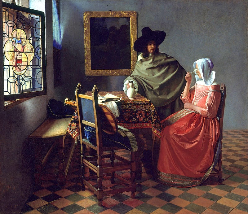 The Glass of Wine Painting Johannes Vermeer Reproduction. Blue Surf Art