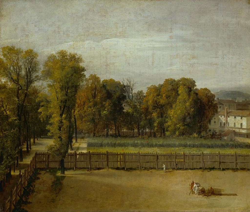 Painting of a park scene with trees, a fence, and a building in the distance. Serene 1794 landscape painting by Jacques-Louis David. Hand-painted oil on canvas in 5 sizes. Worldwide shipping included.