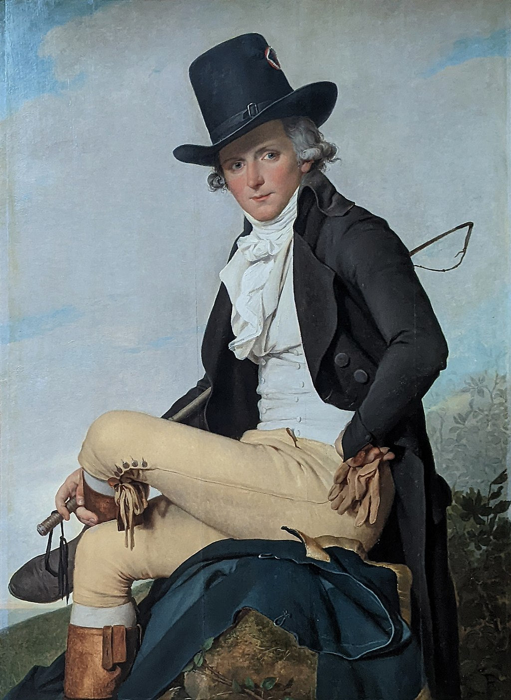 Portrait of a man in formal attire with a hat, sitting outdoors. Elegant 1795 portrait by Jacques-Louis David. Handmade oil on canvas reproduction in 5 sizes. Shipping included.