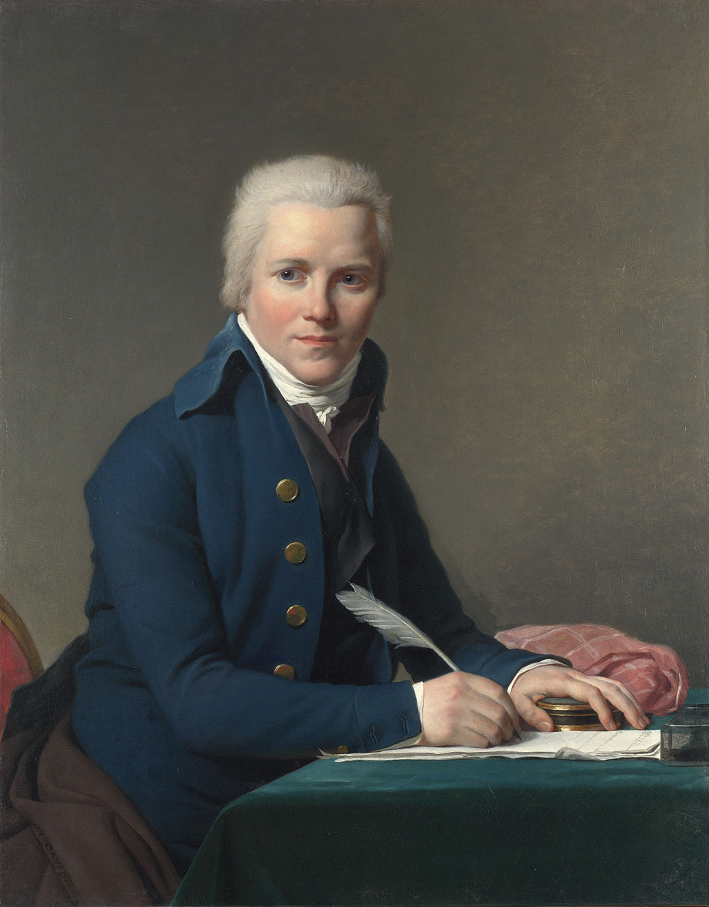 Portrait of a man in a blue coat sitting at a table with a book and a cup. Neoclassical portrait of Jacobus Blauw by David. Handmade oil on canvas. 5 size options. Free worldwide shipping.