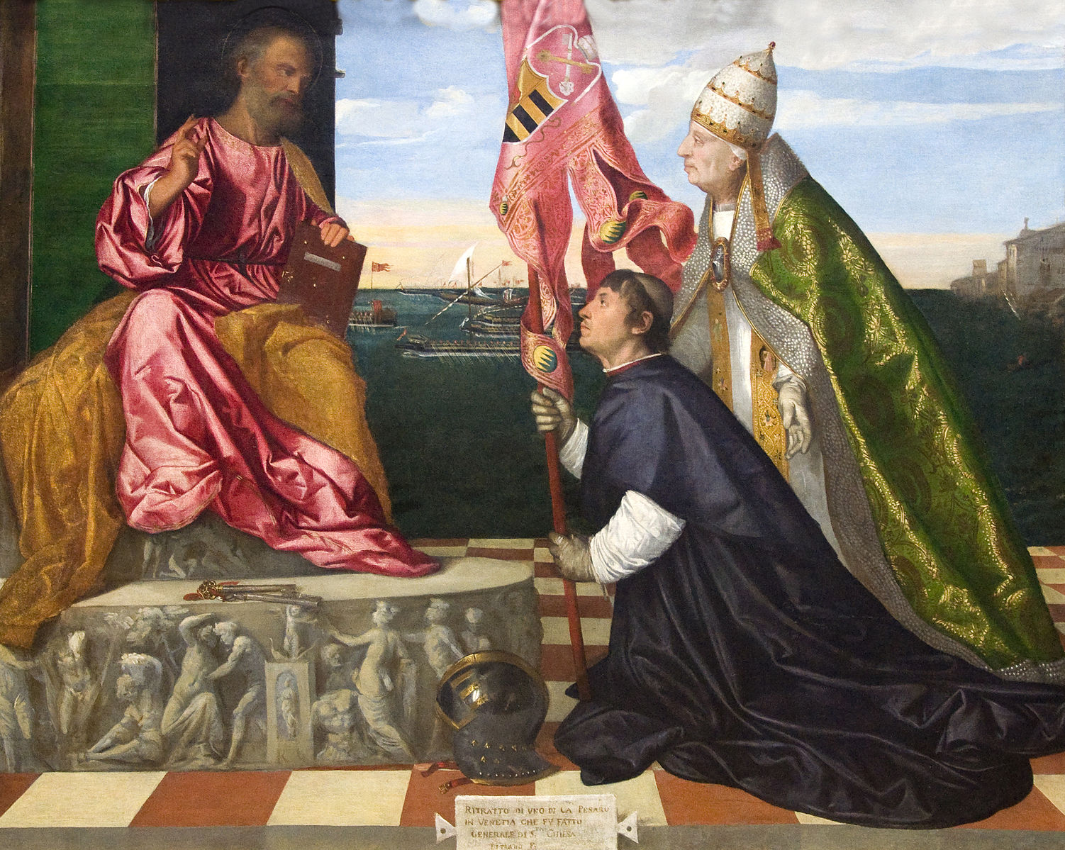 Titian – Jacopo Pesaro Presented to Saint Peter (1503–1506) | Royal Museum Antwerp. Painting of a kneeling figure before two seated figures, one in pink and gold, the other in green and white, with a cityscape in the background.