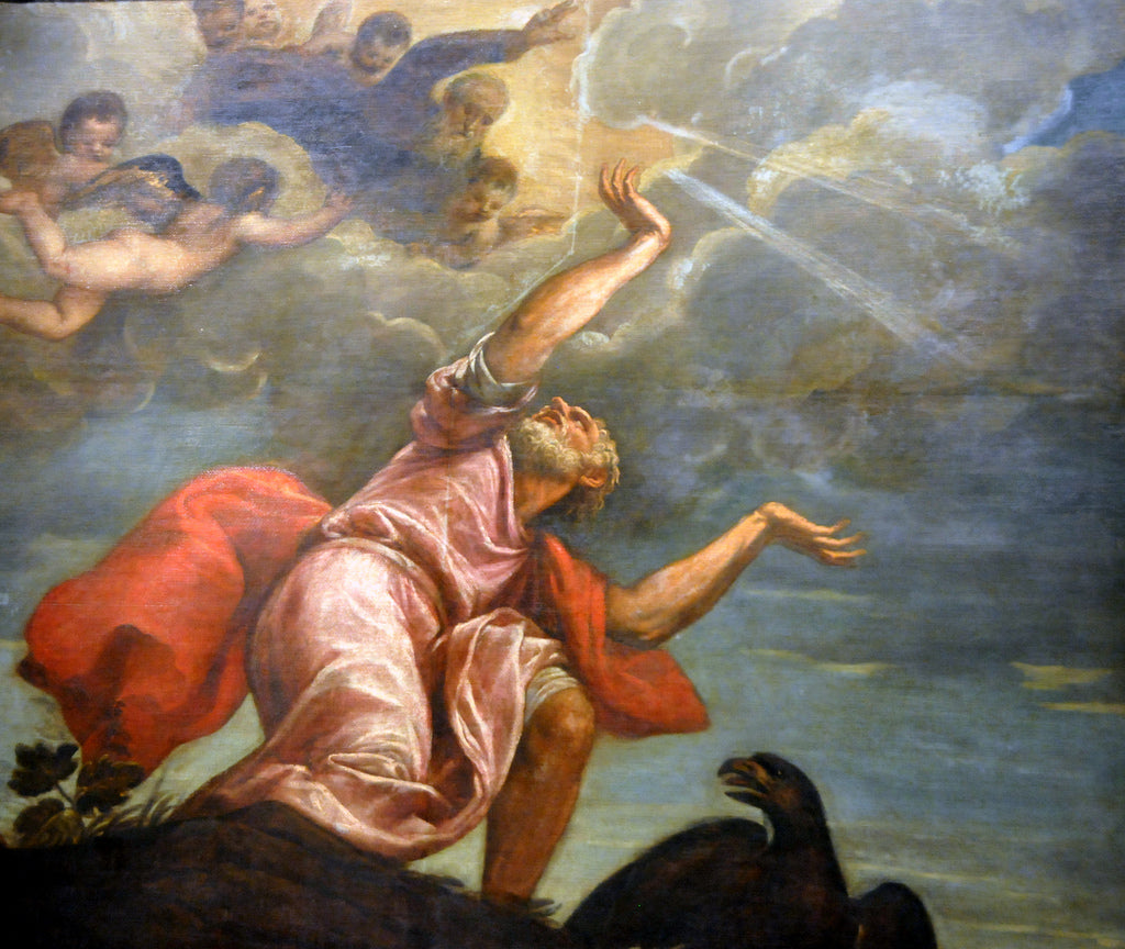 Titian – Saint John the Evangelist on Patmos (1553–1555) | National Gallery of Art. Painting of a classical figure reaching towards the heavens with clouds and other figures in the background.