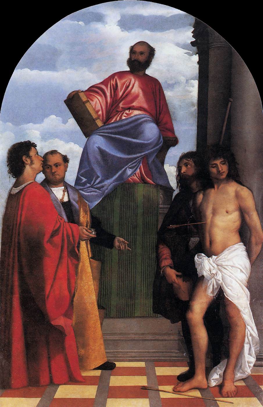 Titian – Saint Mark Enthroned (1510) | Santa Maria della Salute Venice. Artistic depiction of a classical scene with figures in robes and a central figure in a blue robe.