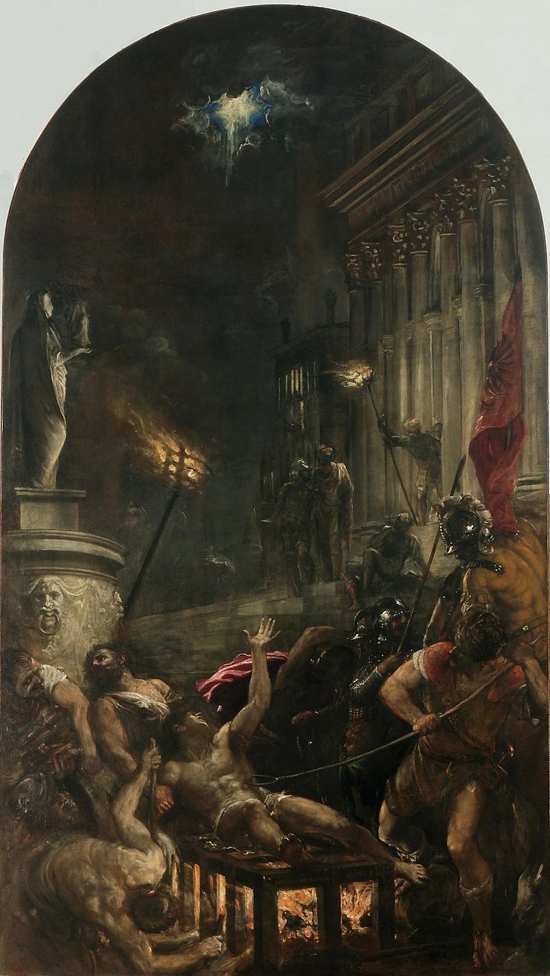 Dark, dramatic scene with figures in a classical setting, possibly a painting. The Martyrdom of Saint Lawrence by Titian – Venetian Masterpiece
