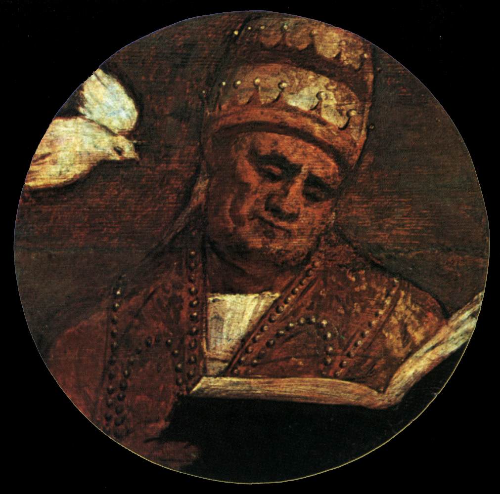 Circular portrait of a person in religious attire with a dark background. St Gregory the Great by Titian – Religious Renaissance Masterpiece
