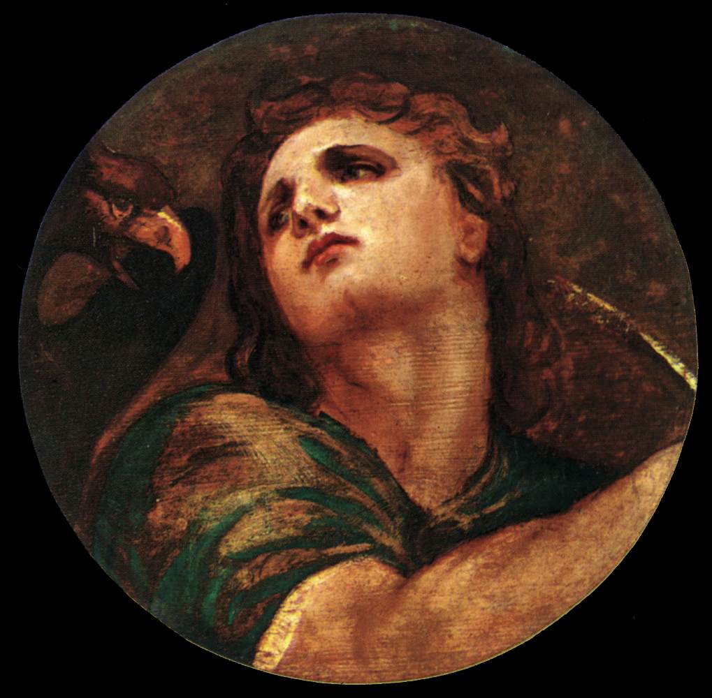  classical painting of a young man with an eagle on his shoulder. St John the Evangelist by Titian – Renaissance Religious Painting Reproduction | Blue Surf Art
