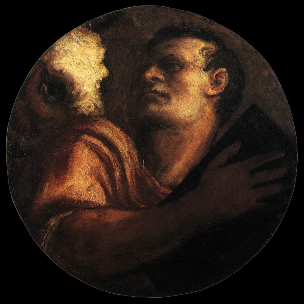Circular painting of a man holding a dog against a dark background. St Luke by Titian – 16th Century Venetian Religious Masterpiece
