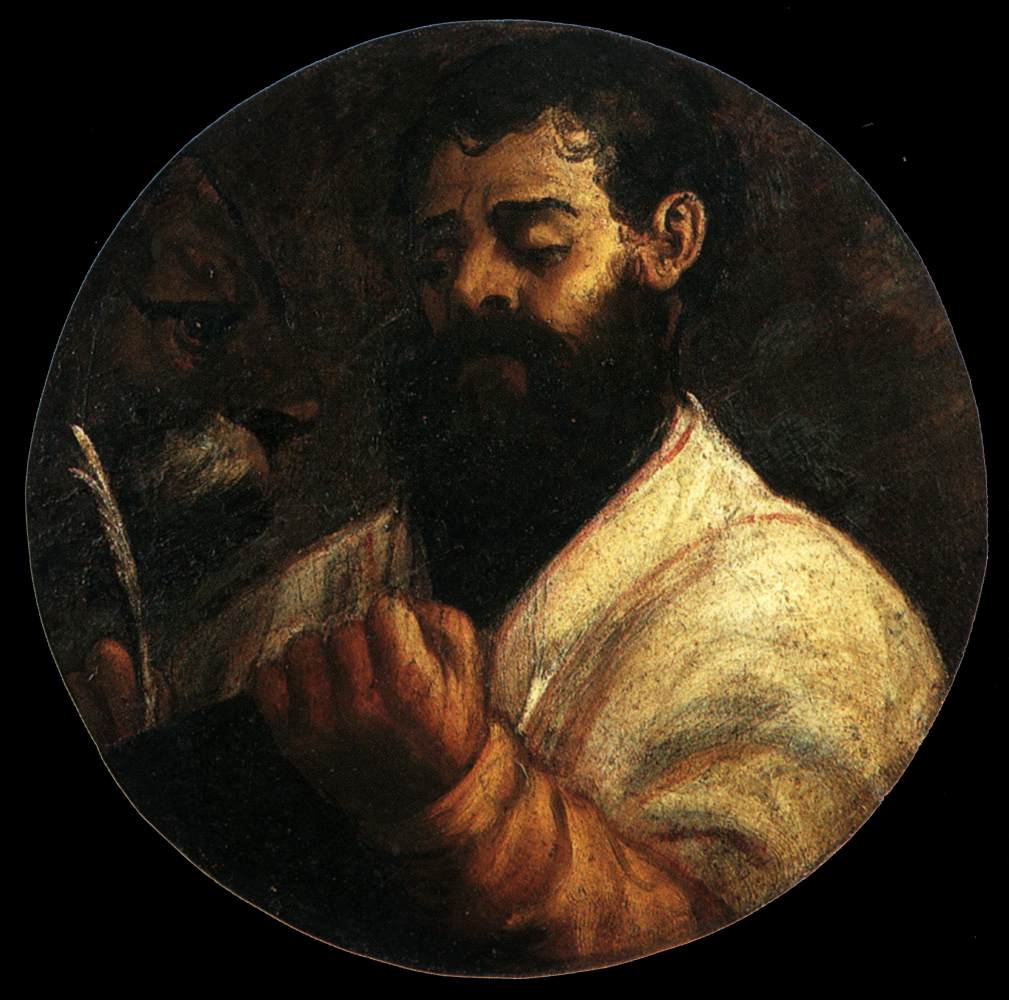 Artistic depiction of a bearded man with a dark background. Titian – St Mark | Renaissance Masterpiece Oil Painting Reproduction
