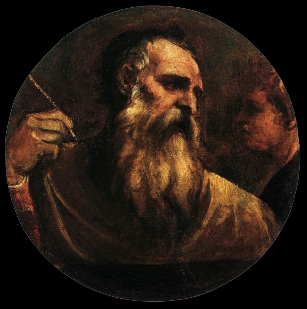 Painting of an elderly man with a beard holding a staff, with a dark circular border. St Matthew by Titian – 16th Century Religious Masterpiece Painting
