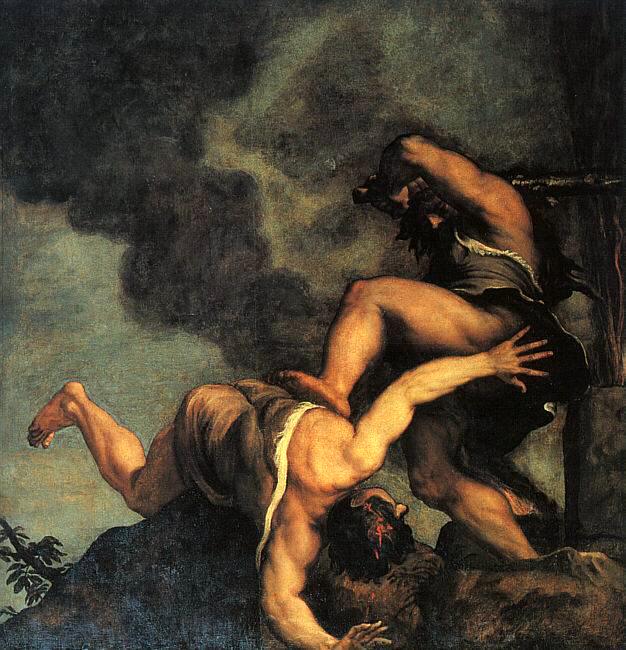 Painting of two figures in a dramatic scene with smoke and a dark sky. Cain and Abel by Titian - Religious Renaissance Oil Painting
