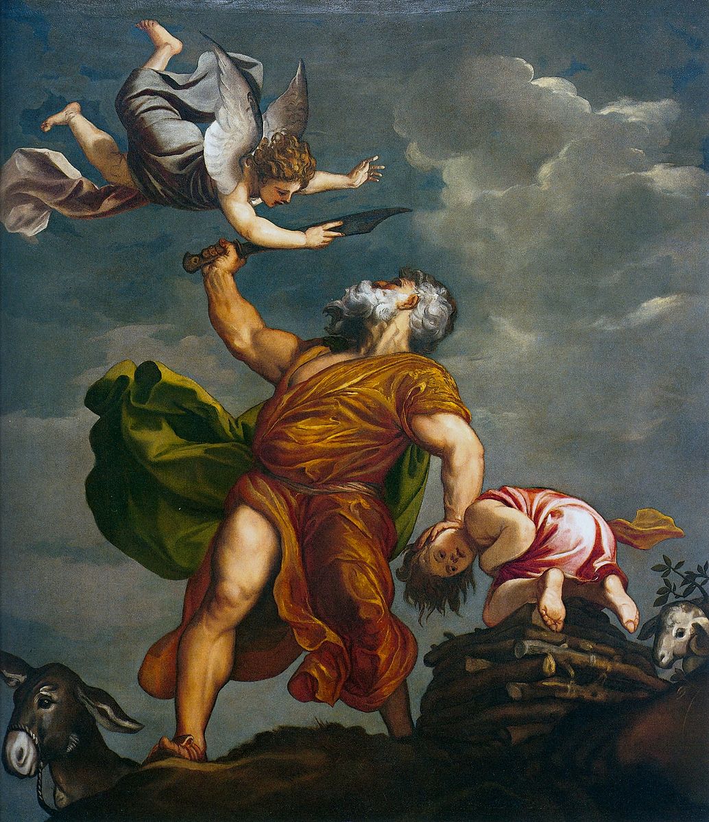 Painting of a man with an angel and child in a dramatic sky. Sacrifice of Isaac by Titian – Religious Oil Painting Reproduction | Blue Surf Art
