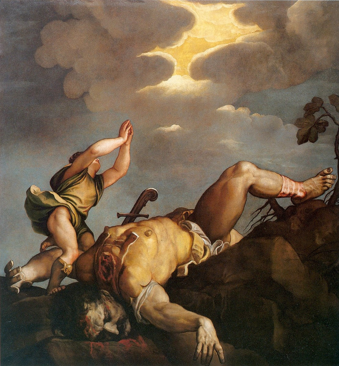 Painting of a figure standing over a fallen warrior with a dramatic sky. Titian – David and Goliath | Hand-Painted Oil Reproduction on Canvas
