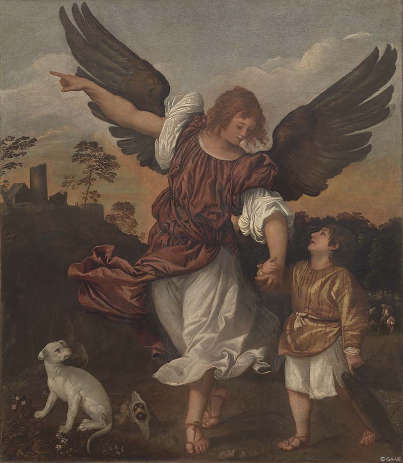 Painting of an angel with a child and dog in a landscape. Titian – Archangel Raphael and Tobias – Religious Renaissance Oil Painting Reproduction
